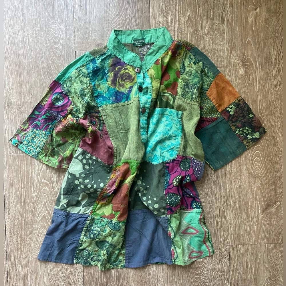 Kathmandu imports, thin vintage patchwork short sleeve shirt with wood buttons.